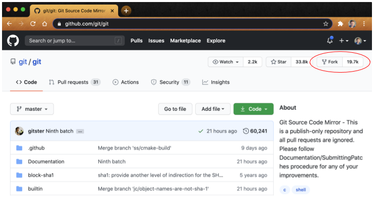 Screenshot of GitHub Git source code mirror main page (https://github.com/git/git) as of August 20, 2020 highlighting the number of forks